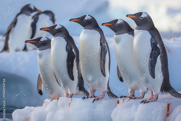 Fototapeta Witness the resilient and unwavering connection of penguins, perched on the edge of an iceberg in the vast frozen wilderness of Antarctica, where the shimmering waters reflect their icy domain, showca