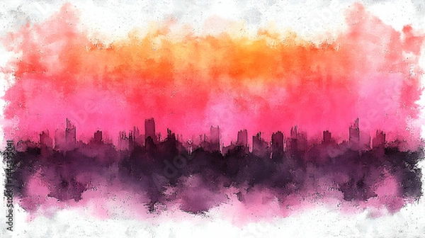 Fototapeta A skyline impressionistic painting using orange pink and purple shades on a rough textured surface