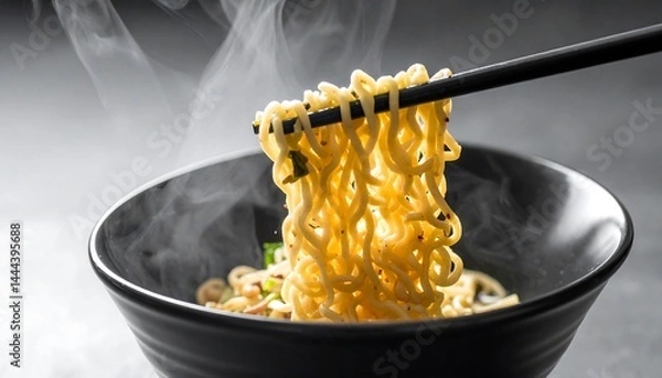 Obraz Steaming Noodles with Chopsticks in Black Bowl,noodle, broth, chopstick, meal, bowl, food, dining, enjoyment, steam, comfort, lunch, authentic, cookery, culinary, homemade, 