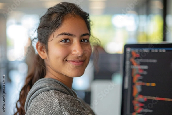 Fototapeta young female AI engineer from Indiis coding software for groundbreaking big datblockchain project in tech office  