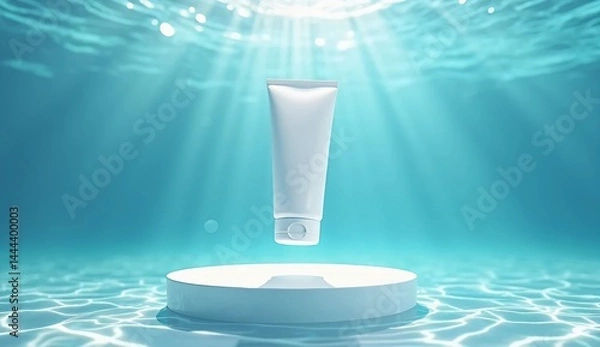 Fototapeta A blank white sunscreen container floating underwater with sunlight streaming from above