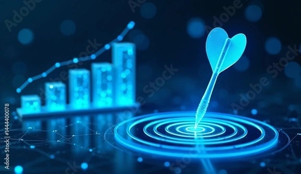 Obraz The blue glowing dart stuck into the target board. Symbol of achievement, business target market.