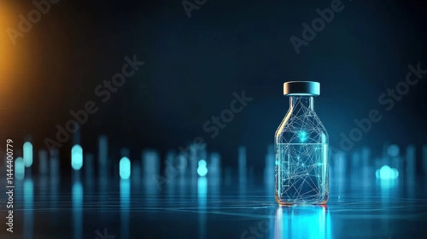 Obraz Scientific innovation digital bottle futuristic lab 3d render blue and orange lights technology concept