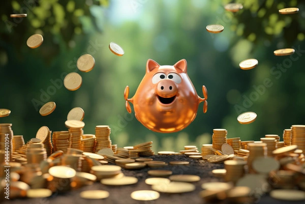 Fototapeta Rendered image showcasing the creative concept of financial saving and deposit, as golden coins gracefully fly and float towards a piggy bank, leaving ample copy space  