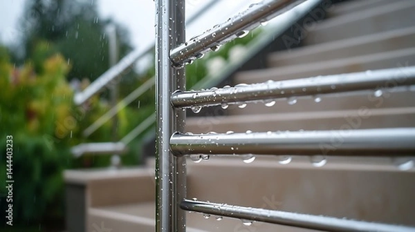 Obraz Metal Railing After Rain with Water Droplets Reflecting Garden and Staircase View