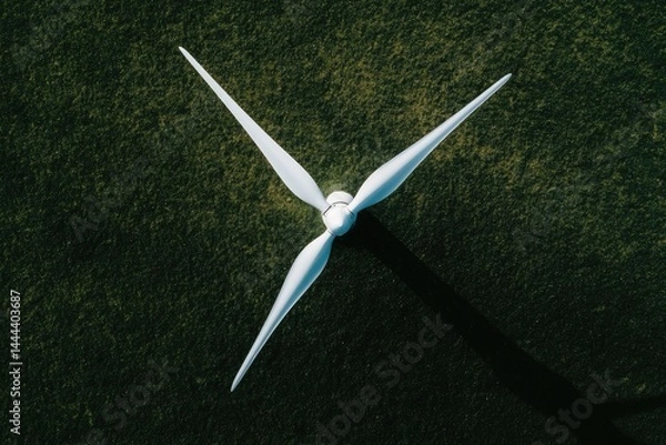 Obraz Overhead view of a wind turbine's blades atop a grassy field  The blades are white and extend from a central hub, casting a shadow on the ground