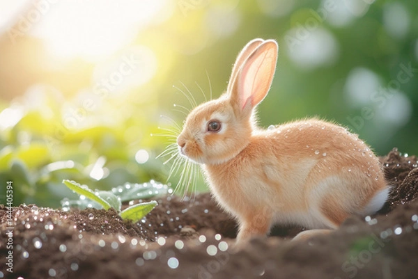 Fototapeta serene morning was adorned with glistening dewdrops, as a playful rabbit gracefully completed its cozy burrow    