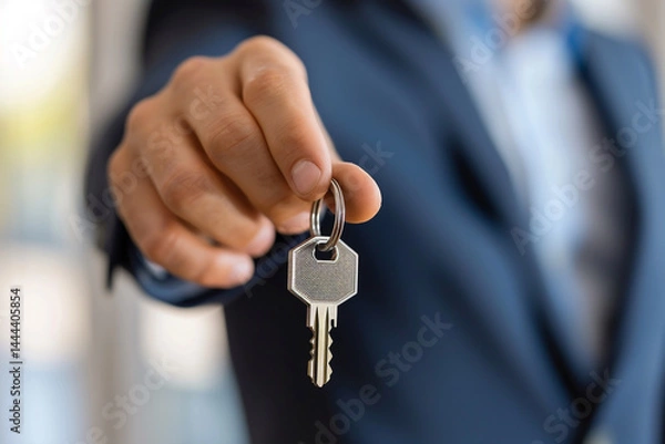 Fototapeta skilled and experienced real estate agent, with a firm grip on house keys, confidently assists clients in navigating world of insurance, investments, and property contracts, ensuring a smooth process 