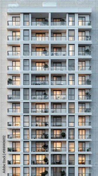 Obraz Tall building with many balconies Lighting is visible in the windows Exterior walls have an interesting texture