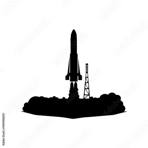 Fototapeta Silhouette of a rocket launching with smoke clouds and exhaust on a launch pad