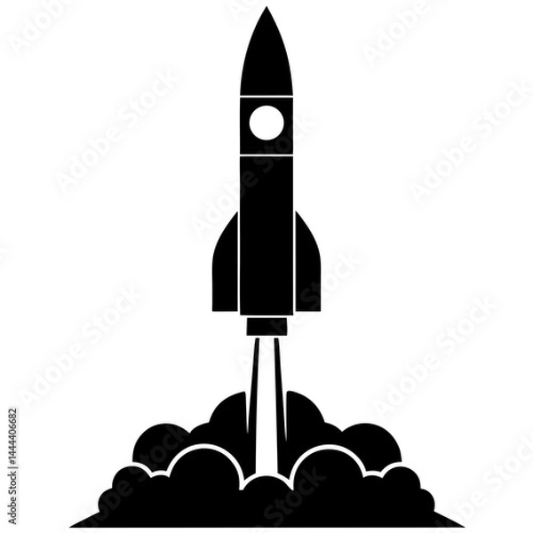 Fototapeta Silhouette of a rocket launching with smoke clouds and exhaust on a launch pad