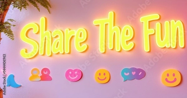Fototapeta Bright neon sign displays Share The Fun. Palm leaves visible. Pink backdrop with playful emoji decorations below text. Positive vibes.