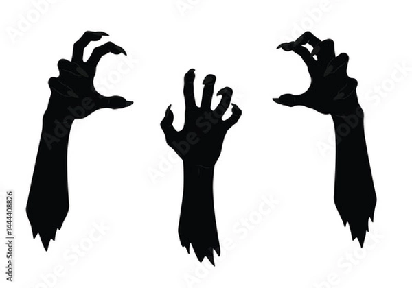 Fototapeta Scary hand silhouette. This image showcases bold black silhouettes of hands with sharp claws, symbolizing horror and fear. Vector clipart illustration design.