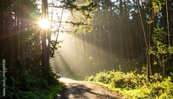 Obraz Sunbeams Illuminating Forest Path,sunbeam, sunlight, nature, outdoors, forest, tree, calm, dusk, eco, exploration, glow, ground, hiking, horizontal, idyllic, illuminated, 