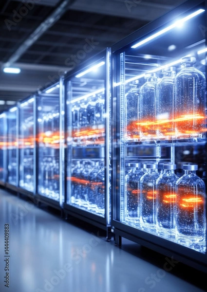 Fototapeta Industrial bottling process warehouse product display modern environment close-up view science and technology