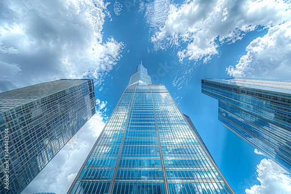 Fototapeta stunning modern tower buildings or skyscrapers in bustling financial district of Chicago, USA, are beautifully complemented by fluffy clouds on a bright and sunny day, showcasing remarkable achievemen