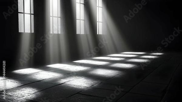 Fototapeta Sunlight streams through a barred window casting light patterns across a stone-tiled floor in a dark room
