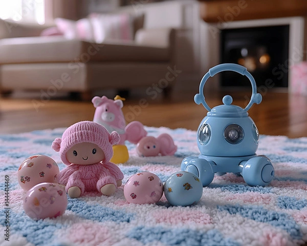 Obraz Toys scattered on a soft rug in a cozy living room creating a playful inviting atmosphere