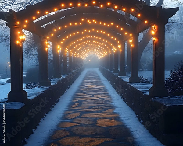 Fototapeta Winter wonderland path with illuminated archway covered with snow and mist