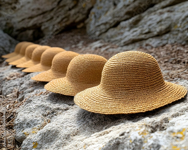 Obraz Woven straw hats in a row on a rocky surface blending nature and craftsmanship evoking a sense of summer