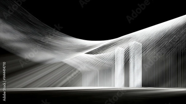 Obraz White lines form buildings with light beams on black background creating a graphic futuristic abstract art