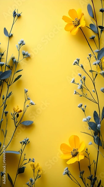 Obraz Yellow background with yellow flowers and sprigs with tiny white blooms form a delicate border