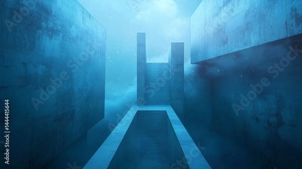 Fototapeta Long narrow corridor with a wooden walkway leading to a blue sky creating a mesmerizing cosmic journey in the space
