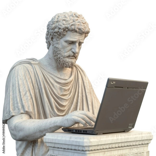 Obraz Ancient Greek statue of philosopher or scholar with curly hair and beard, wea classical toga, using modern laptop computer, historical and technological contrast