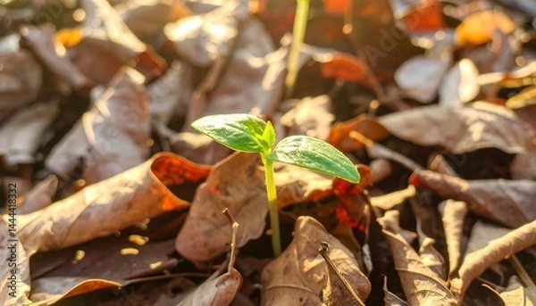 Obraz Green Seedling Emerging from Brown Leaves at Sunrise,beginning, delicate, earth, future, ground, growth, hope, renewal, shadow, sunrise, tender, vibrant, warm, wildlife, ecology, life, 