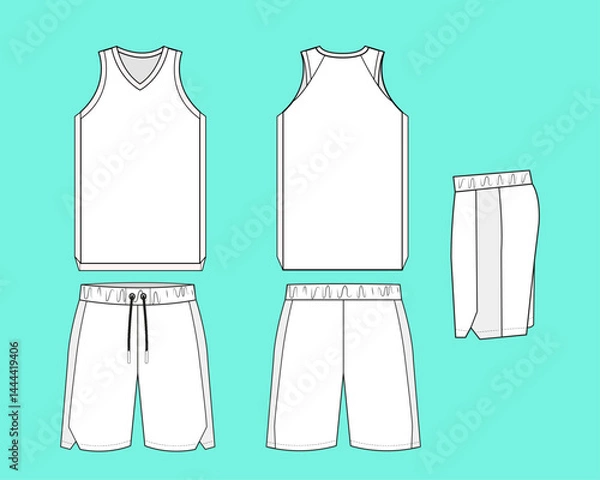 Fototapeta Basketball jersey flat sketch template outline CAD mockup.