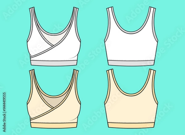Fototapeta Ladies Sports bra fashion bundle set flat sketch outline CAD mockup front and back views.