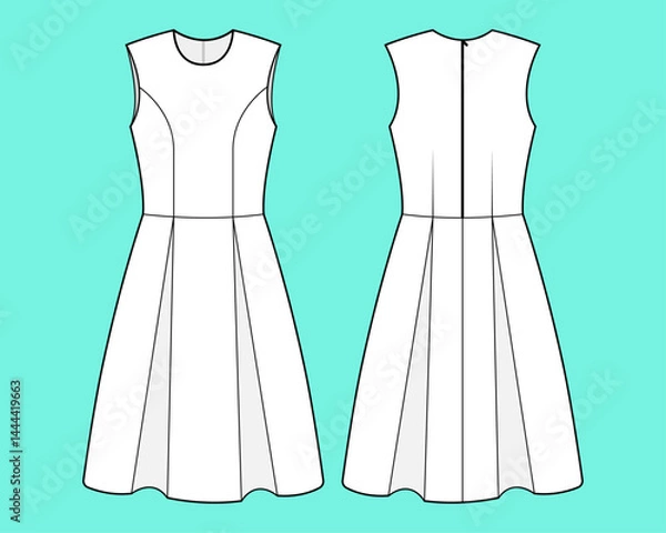 Fototapeta Women sleeveless round neck dress technical drawing fashion flat sketch vector illustration template front and back views outline CAD mockup.