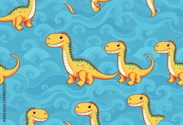 Fototapeta Seamless vector pattern featuring adorable long-necked dinosaur and blue wave design, water, whimsical