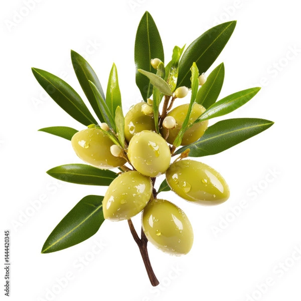 Obraz Fresh green olive branch with newly ripened olives and lush leaves, close-up botanical image of healthy olive tree fruit ready for harvest