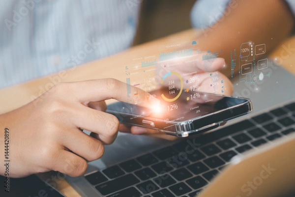 Fototapeta Remote Work and Digital Nomad Lifestyle for Freelancer and Work from Home Professionals – Online Jobs, Video Conference, Internet Tools, and Work Anywhere Business Concept