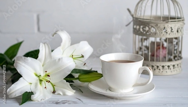 Obraz Steaming Cup Beside Lilies and Ornate Birdcage,flower, elegant, lily, tea, cup, hot drink, still life, cosy, peaceful, romantic, rose, composition, hot, morning, mug, saucer, white, 