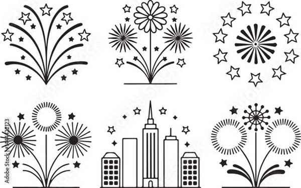 Obraz Set of 6 outline icons related to fireworks and doodle decoration like flower elements. Linear icon collection. Editable stroke line art. Vector illustration.