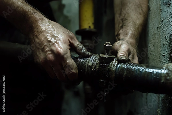 Fototapeta Hands Working on a Leaking Industrial Pipe