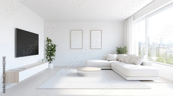 Fototapeta Minimalist living room with large windows