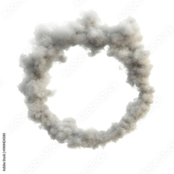 Obraz Circular of dense gray smoke drifting in the air with a white background creating a striking and dynamic visual effect perfect for themes of pollution or fire