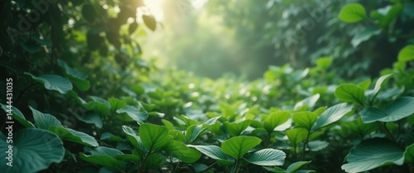 Fototapeta Lush foliage with vibrant green leaves covering a meadow in soft sunlight, creating a serene and inviting natural landscape
