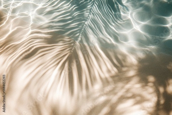 Fototapeta Abstract underwater view of a palm leaf shadow on rippling pool water  Soft, muted tones create a tranquil scene