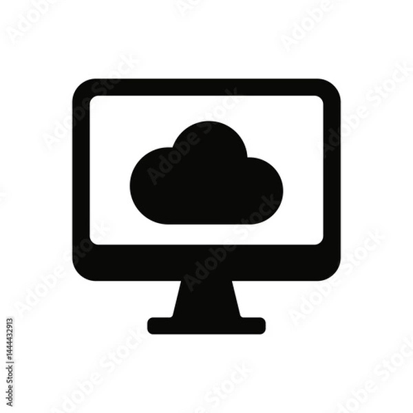Fototapeta Flat vector icon of cloud inside computer screen. Represents cloud computing, digital storage, online sync and cloud technology.