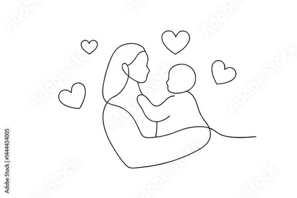 Obraz Minimalist line art illustration of mother holding baby with hearts symbolizing love