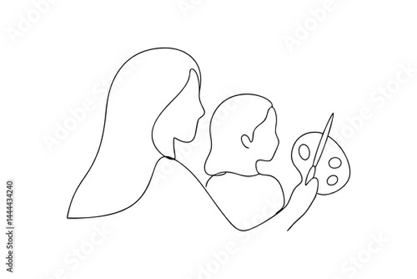 Fototapeta Mother and child painting together one line drawing simple artistic concept