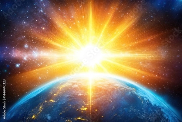 Obraz A vibrant, radiant sun bursts forth from behind a detailed, globe-like Earth in space  Cosmic rays and stellar nebulae surround the scene, showcasing the powerful energy of the universe