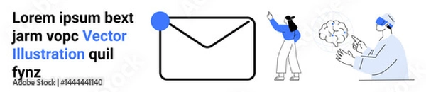 Fototapeta Envelope icon, person pointing to text, figure with VR headset brainstorming. Ideal for email services, teamwork, innovation, education, marketing, technology simple landing page