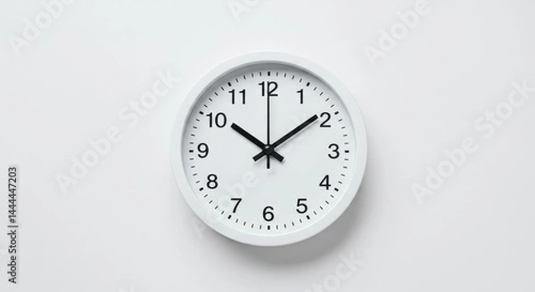 Fototapeta A simple white clock showing ten past ten against a plain white background in a minimalist style
