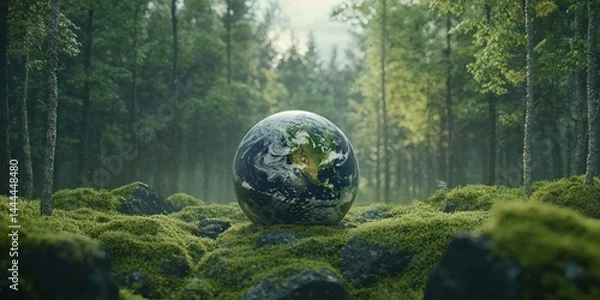 Fototapeta Eco-themed visual of a pristine globe in untouched forest area 