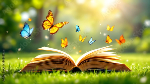 Fototapeta Open book on grass with butterflies flying out creating a magical scene